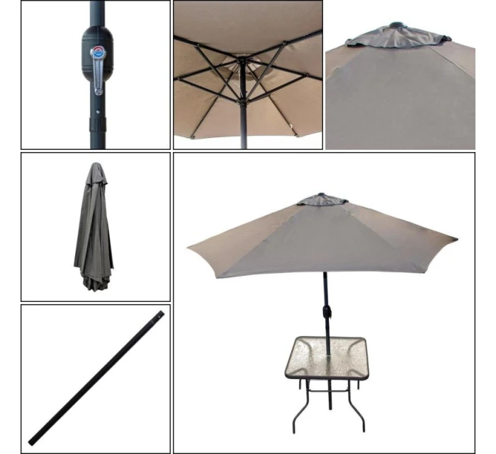 SADA ZAHRADNÍHO NÁBYTKU SYDNEY STŮL 4 ŽIDLE A SLUNEČNÍK ŠEDÁ