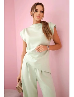 Komplet asymetrická halenka + kalhoty světle mátová