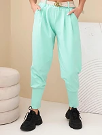 Dámské bavlněné kalhoty s vysokým pasem a páskem mátové