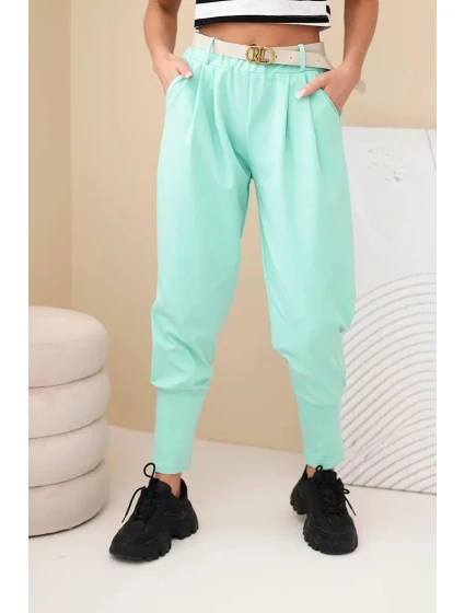 Dámské bavlněné kalhoty s vysokým pasem a páskem mátové