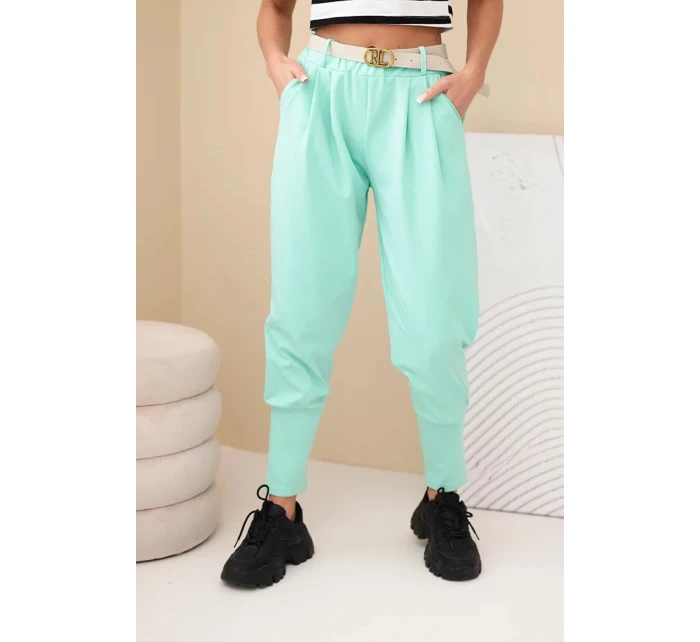 Dámské bavlněné kalhoty s vysokým pasem a páskem mátové