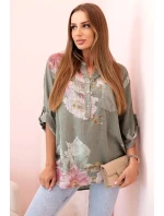Dámská blůza z bavlny s květinovým vzorem a knoflíky khaki Dámská blůza z bavlny s květinovým vzorem a knoflíky khaki