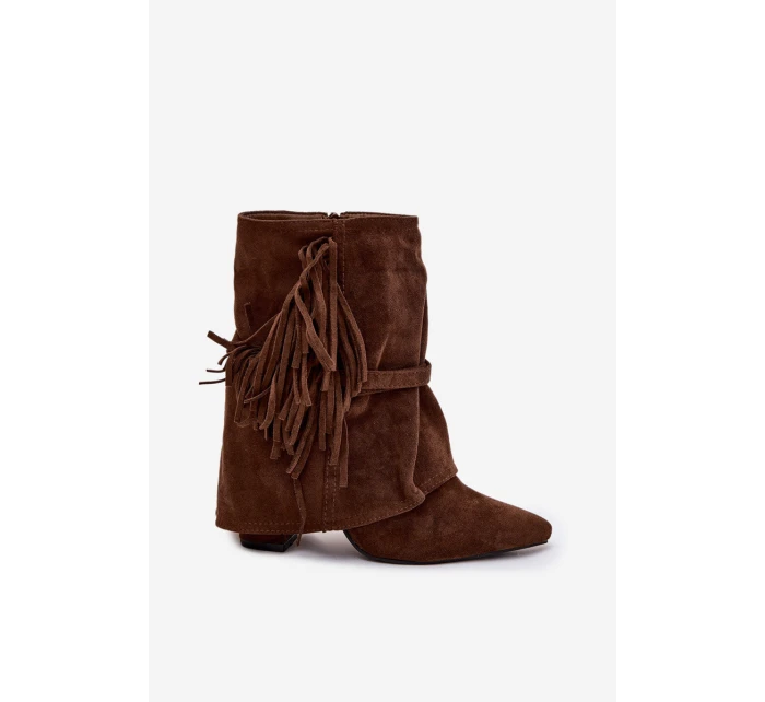 Dámské kotníkové boty na podpatku s třásněmi a zlatými hnědé Damskie model 21757504 - Boto Dámské kotníkové boty na podpatku s třásněmi a zlatými hnědé Damskie model 21757504 - Boto