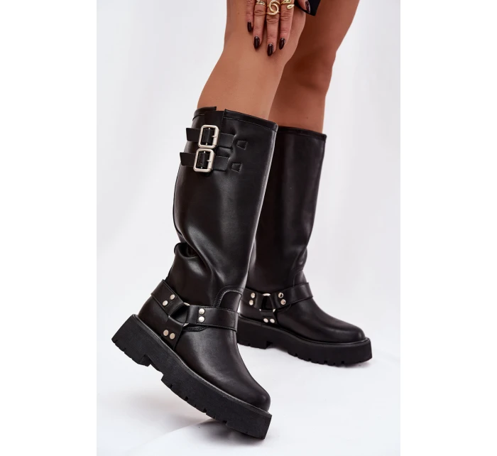 Kožené dámské kozačky s přezkami zateplené Big Star model 21758949 černé - Big Star Shoes Kožené dámské kozačky s přezkami zateplené Big Star model 21758949 černé - Big Star Shoes