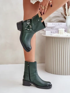 Zazoo Kožené Kotníkové Boty Na Nízkém Podpatku Zateplené Tmavě Zelené