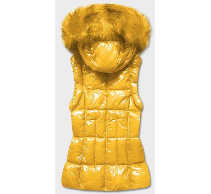 Žlutá lakovaná dámská vesta s kožešinou (DK027-86)