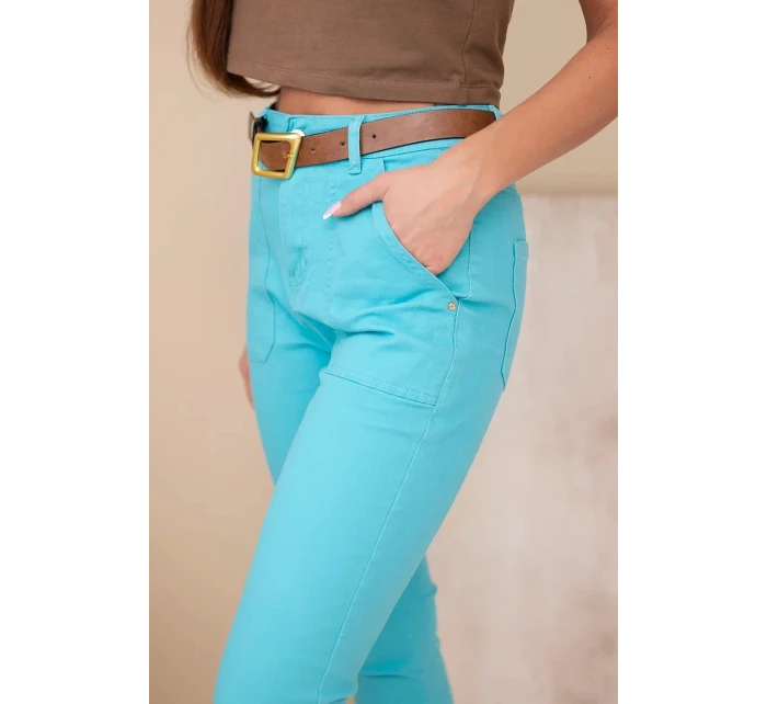 Dámské jarní kalhoty Boyfriend s vysokým pasem a páskem model 21951874 tyrkysové - K-Fashion