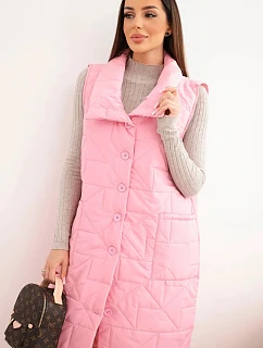 Dámská dlouhá prošívaná vesta s kapsami a stojáčkem světle růžová