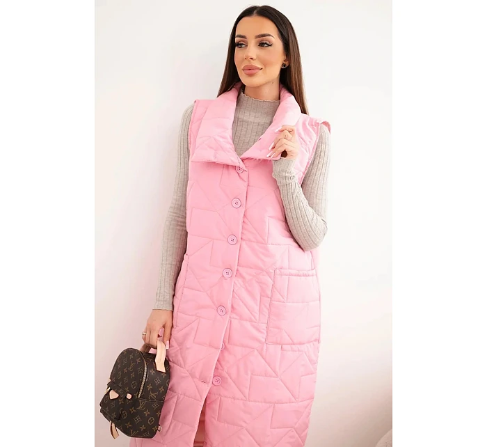 Dámská dlouhá prošívaná vesta s kapsami a stojáčkem světle růžová