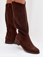 Dámské kozačky s krajkovým vzorem na nízkém podpatku S.Barski HY61-8022 Čokoládové