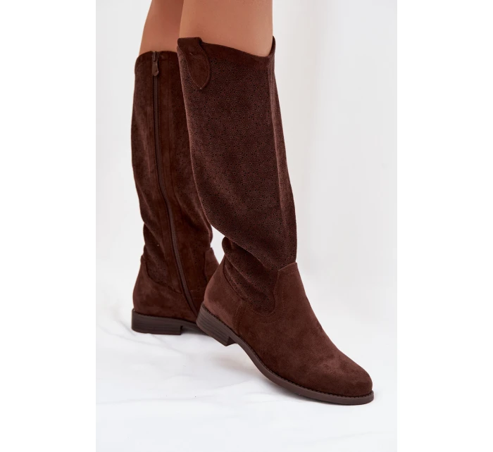 Dámské kozačky s krajkovým vzorem na nízkém podpatku S.Barski HY61-8022 Čokoládové