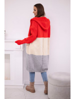 Pruhovaný svetr s kapucí červená + béžová + šedá