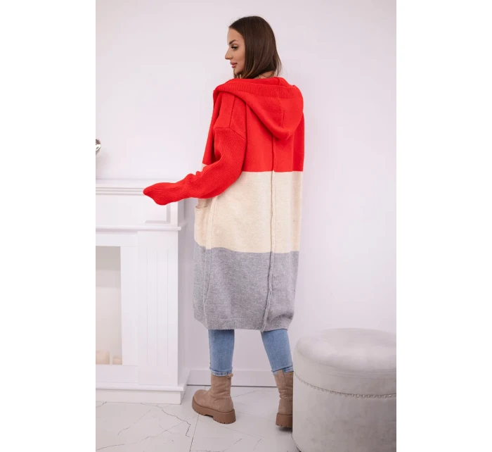 Pruhovaný svetr s kapucí červená + béžová + šedá