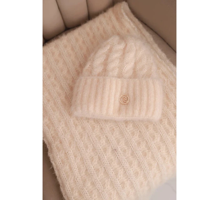 Dámská souprava čepice a šály s pruhy s ozdobou ecru