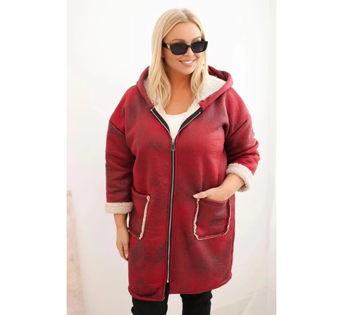 Dámská bunda Plus Size s kapucí a kapsami zateplená model 21439222 bordová - K-Fashion