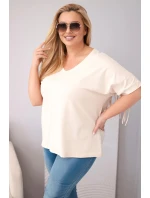 Dámská bavlněná halenka s výstřihem do V a třásněmi na zádech béžová