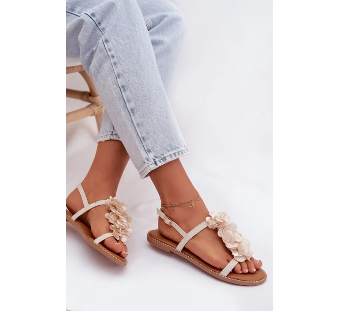 Dámské ploché sandály s ozdobnými květinami Jasnobeżowe Noemia