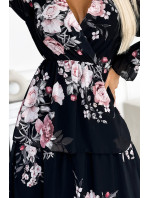 Midi šaty s výstřihem a volánky Numoco MARTINA - černé s růžemi