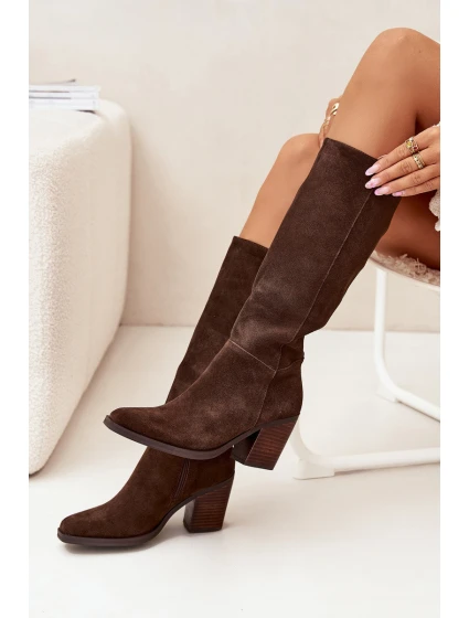 Dámské kozačky na sloupkovém podpatku se zipem Lissara – čokoládové, eko semiš Dámské kozačky na sloupkovém podpatku se zipem Lissara – čokoládové, eko semiš