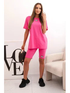 Dámský bavlněný komplet s krátkým rukávem a šortkami růžový