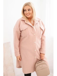 Dámský plášť Plus Size s vlnou na knoflíky s kapsami a límcem pudrově růžový