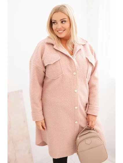 Dámský plášť Plus Size s vlnou na knoflíky s kapsami a límcem pudrově růžový Dámský plášť Plus Size s vlnou na knoflíky s kapsami a límcem pudrově růžový