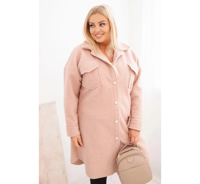 Dámský plášť Plus Size s vlnou na knoflíky s kapsami a límcem pudrově růžový Dámský plášť Plus Size s vlnou na knoflíky s kapsami a límcem pudrově růžový