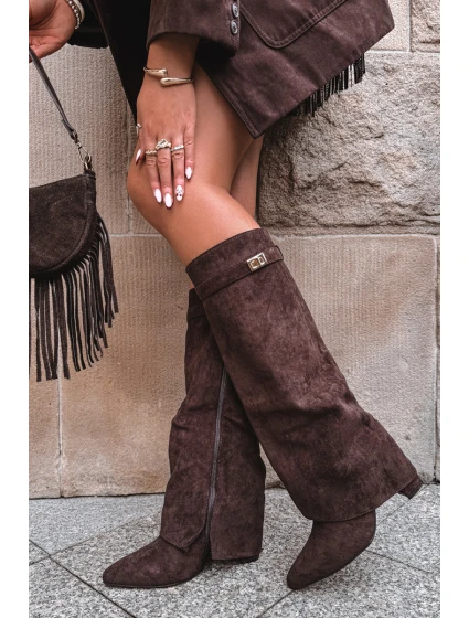 Kozačky Eko Podpatky Na Zip Zateplené  Čokoládové model 21704760 - Boto