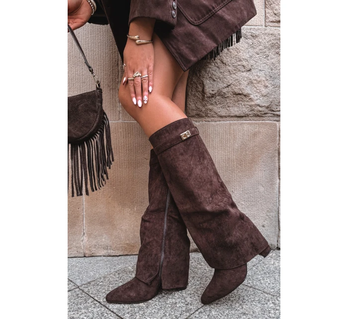 Kozačky Eko Podpatky Na Zip Zateplené  Čokoládové model 21704760 - Boto