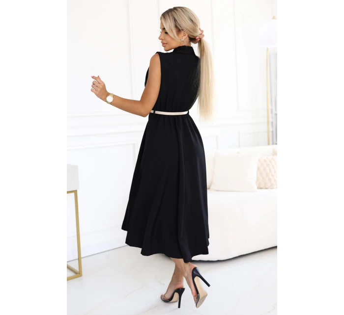 model 21212554 Elegantní midi košilka se zlatými knoflíky a páskem ČERNÁ - numoco basic