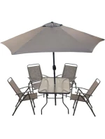 SADA ZAHRADNÍHO NÁBYTKU SYDNEY STŮL 4 ŽIDLE A SLUNEČNÍK ŠEDÁ