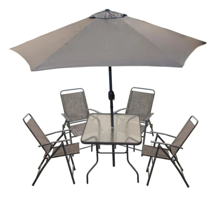 SADA ZAHRADNÍHO NÁBYTKU SYDNEY STŮL 4 ŽIDLE A SLUNEČNÍK ŠEDÁ