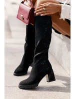 Zdobené dámské kozačky nad kolena zateplené na podpatku černé model 21671858 - S.Barski Zdobené dámské kozačky nad kolena zateplené na podpatku černé model 21671858 - S.Barski