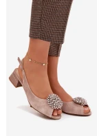 Kožené dámské sandály na podpatku s ozdobou model 22031834 béžové - D&A