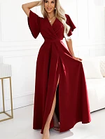 581-2 Dlouhé šaty JENNIFER s rozparkem na nohou, rukávy a výstřihem - BRONZOVÉ