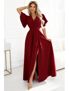 Dlouhé dámské šaty ve vínové bordó barvě s rozparkem na  a výstřihem model 20893015 - numoco