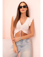 Dámská pruhovaná blůza s nařasením a volánky pudrově růžová