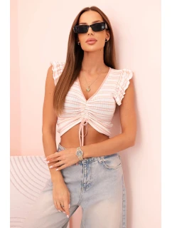 Dámská pruhovaná blůza s nařasením a volánky pudrově růžová