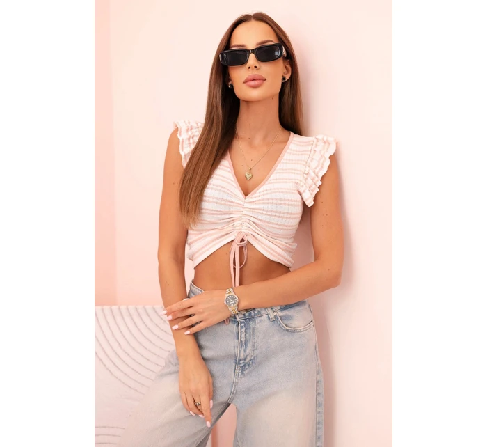Dámská pruhovaná blůza s nařasením a volánky pudrově růžová