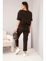 Dámský komplet viskózový s krátkým rukávem a kalhotami s ohrnutými nohavicemi hnědý