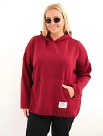 Dámská plus size viskózová mikina s kapucí a klokaní kapsou bordová