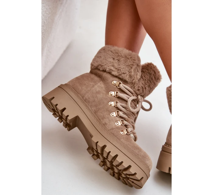 Dámské Šněrovací Boty S Kožíškem Tmavě Béžové model 21679550 - Boto