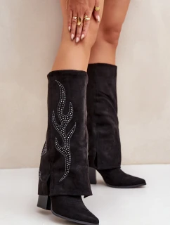 Zdobené kozačky s ohrnutým svrškem na podpatku černé model 21681562 - Boto