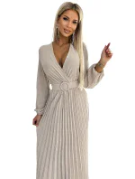 Béžové dámské midi šaty s výstřihem, dlouhými rukávy a širokým opaskem model 19012562 - numoco basic Béžové dámské midi šaty s výstřihem, dlouhými rukávy a širokým opaskem model 19012562 - numoco basic
