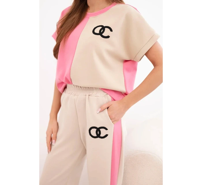Dámský máslový komplet s oversize mikinou a širokými kalhotami růžová + béžová