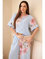 Dámský bavlněný komplet s krátkým rukávem a širokými nohavicemi modrý