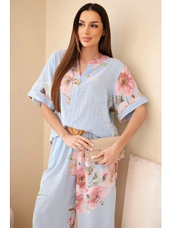 Dámský bavlněný komplet s krátkým rukávem a širokými nohavicemi modrý