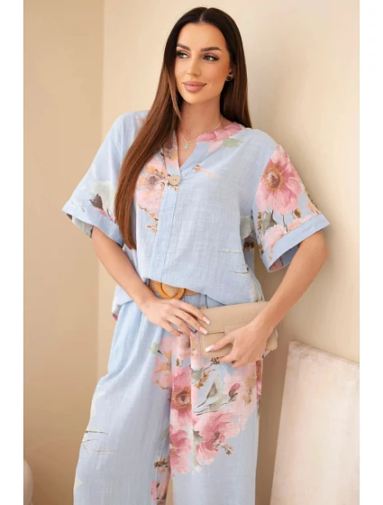 Dámský bavlněný komplet s krátkým rukávem a širokými nohavicemi modrý