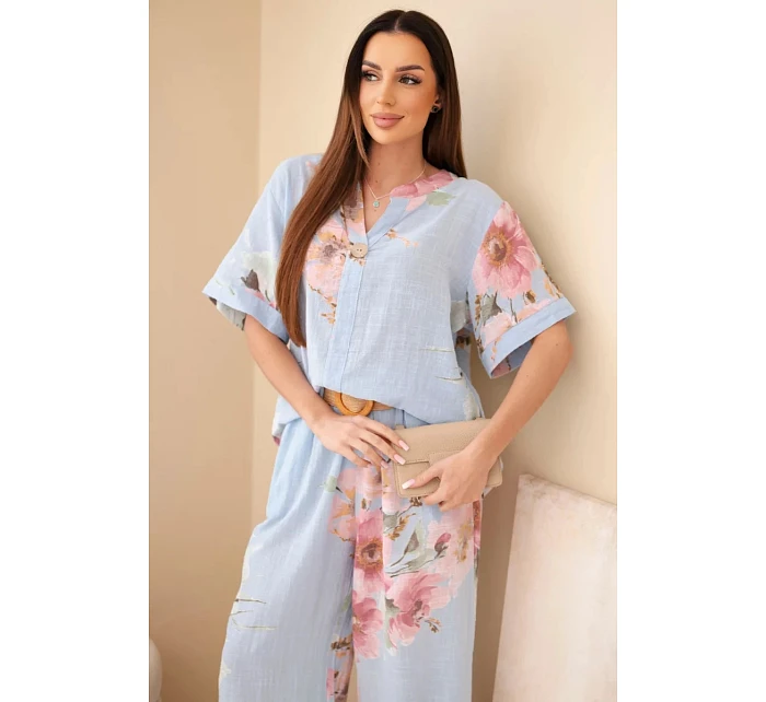 Dámský bavlněný komplet s krátkým rukávem a širokými nohavicemi modrý