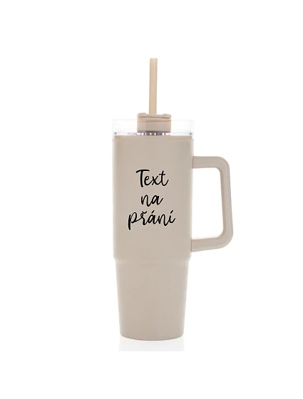 TEXT NA PŘÁNÍ - béžový cestovní termohrnek s průhledným víčkem 900 ml TEXT NA PŘÁNÍ - béžový cestovní termohrnek s průhledným víčkem 900 ml